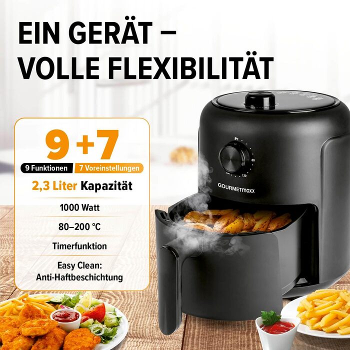 Аерофритюрниця GOURMETmaxx 2,3 л з таймером і сенсорним екраном, 8 функцій, 7 програм, енергозберігаюча, майже без олії, міні-піч, 1000 Вт, чорна
