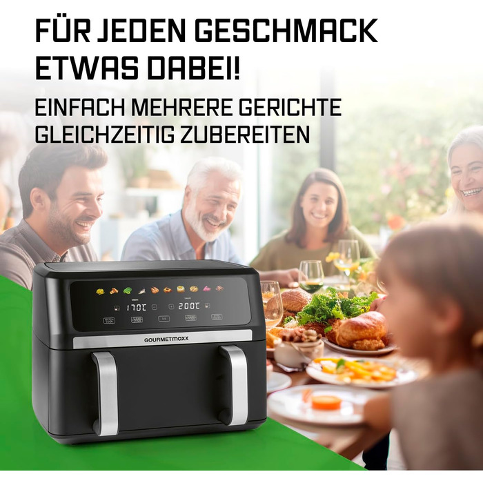 Аерофритюрниця GOURMETmaxx AirGenius 10Л з двома камерами (2x5Л), сенсорним керуванням та 10 програмами приготування, для 8 осіб