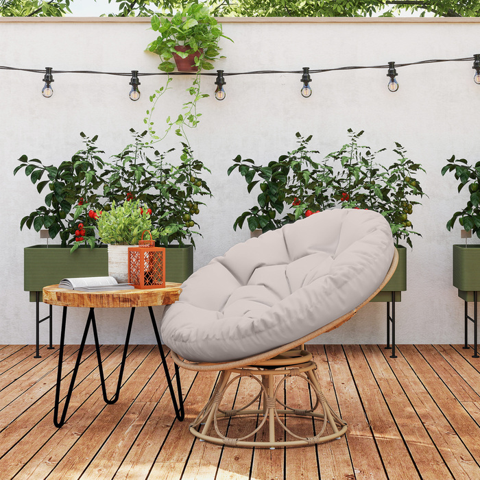 Outsunny Papasan Крісло Ротанг 360° Поворотне плетене крісло з подушкою сидіння Діаметр 120 см Кругле зовнішнє ротангове крісло Поворотне крісло Крісло для відпочинку Крісло Реклайнер для вітальні Сад Балкон Світло-сірий