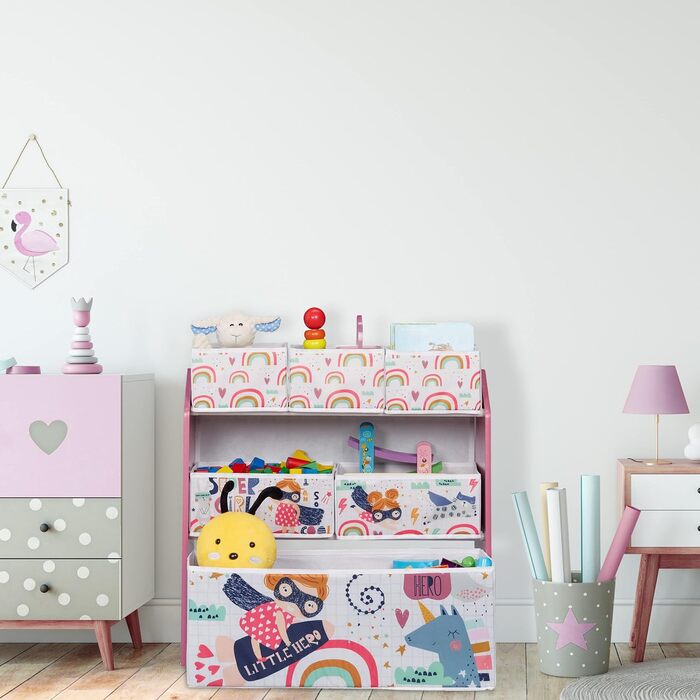 Дитяча полиця Relaxdays з 6 коробками для зберігання, 66x63x30 см, яскравий ігровий органайзер для іграшок у дитячу кімнату для дівчаток