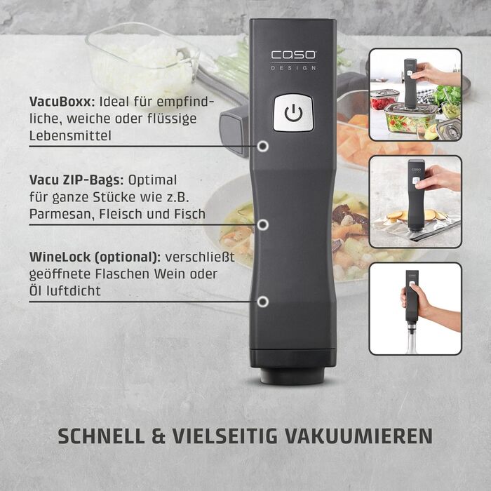 Акумуляторний вакууматор CASO Vacu OneTouch Eco-Set з 3 скляними контейнерами, 10 ZIP-пакетами та стікерами Food Manager, чорний