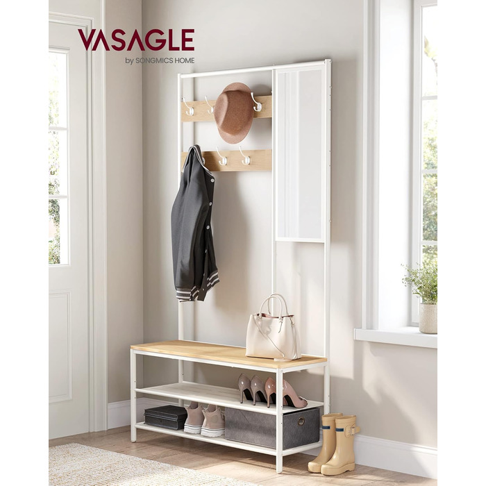 Стійка для одягу VASAGLE з дзеркалом та банкеткою, 35 x 98 x 180 см, для передпокою, спальні, вітальні, індустріальний дизайн, vintagebraun- schwarz, з полицею для взуття
