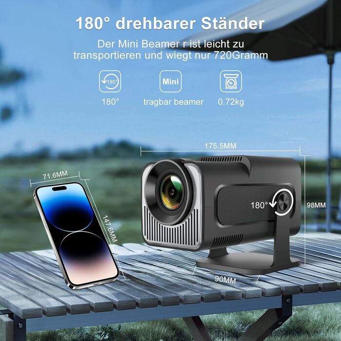 Beamer 4K HY260pro: Міні проєктор для дому та вулиці з WiFi 6, Bluetooth 5.4, Android TV, 180° обертання, 18000 люмен, 5W динамік