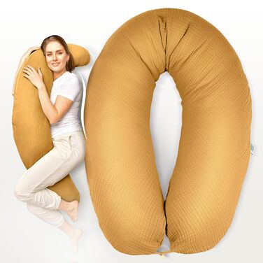 Подушка для вагітних Sei Design XXL з екологічної тканини Öko-Tex | Ергономічна подушка для сну та годування | Безшумна еластична наповнювач, чохол 100% бавовна (Musselin Bernstein, 190x30)