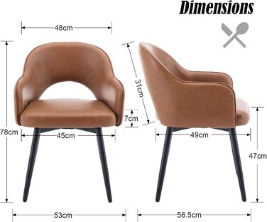 Комплект з 2 стільців для їдальні Chairus, обертові на 360°, м'які кухонні крісла з підлокітниками, PU шкіра, для дому, офісу, вітальні, коричневі, 53x58x78 см