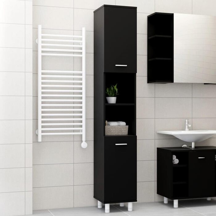 Шафа для ванної кімнати vidaXL, 6 відділень, 2 двері, чорна, 30x30x179 см, деревостружкова плита