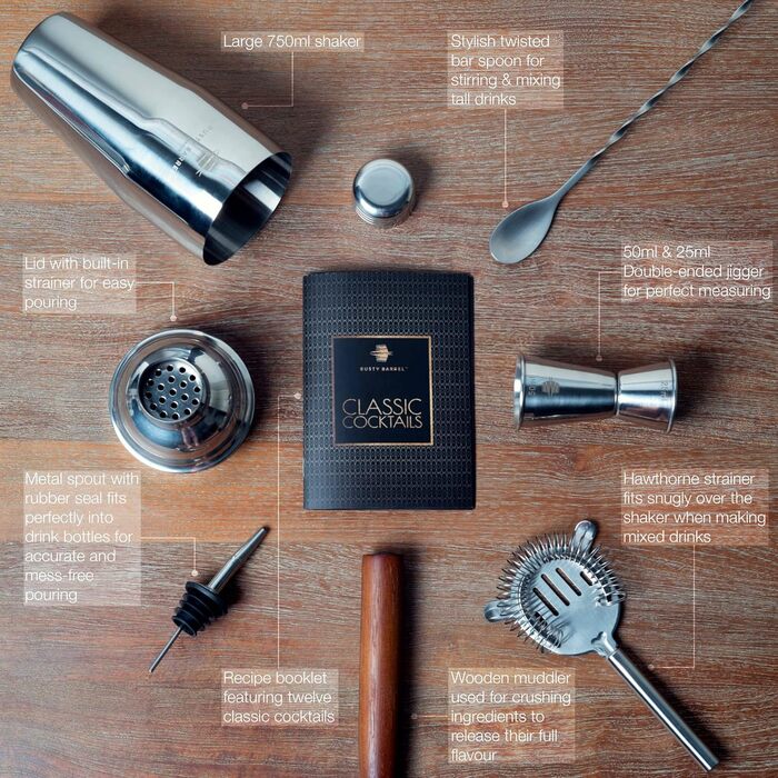 Набір для коктейлів Rusty Barrel Mayfair Original – коктейльний набір з аксесуарами та шейкером з нержавіючої сталі в подарунковій коробці, срібний