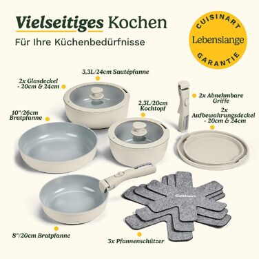 Набір посуду Cuisinart Ceramica XT 11 предметів: каструлі, сковороди, сотейник, пароварка. Керамічне антипригарне покриття з титановим зміцненням. Без PTFE, PFOA та PFAS, колір - слонова кістка