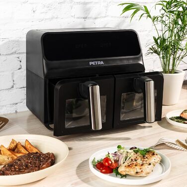 Подвійна аерофритюрниця Petra PT5196GWVDE 7,6 л, 1700 Вт, без масла, з двома антипригарними кошиками, оглядовими вікнами та 10 програмами приготування