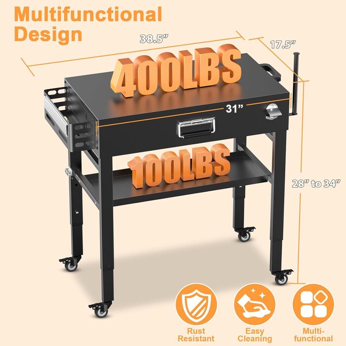 Мобільний гриль-візок для Ninja Woodfire, Weber, Blackstone, Nexgrill, Traeger та інших грилів, візок для гриля з колесами та тримачем для паперових рушників (86 см)