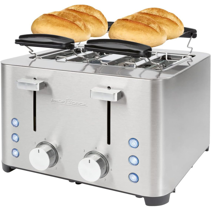Тостер ProfiCook 4-слотовий, нержавіюча сталь, 1500 Вт, широкий слот, підставка для булочок, 7 режимів підсмажування, зйомна крихтова підставка, PC-TA 1252