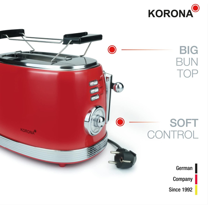 Тостер Korona 21668, 2 скибки, ретро дизайн, червоний, 850 Вт, 6 режимів, розморожування, підігрів, насадка для булочок, піддон для крихт, центрування хліба