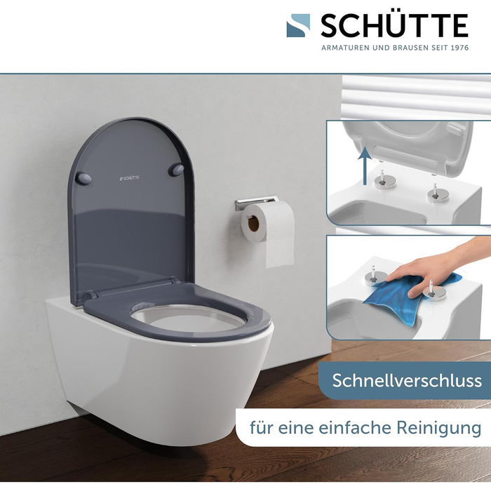 Сидіння для унітазу SCHÜTTE з мікроліфтом (D-подібне), антрацит, ударостійкий дюропласт, швидкий монтаж, витримує до 200 кг