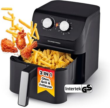 Аерофритюрниця GOURMETmaxx 4 л, 1400 Вт, таймер, нержавіюча сталь, з функціями попереднього нагріву та підтримки тепла, економна, майже без олії, матова чорна