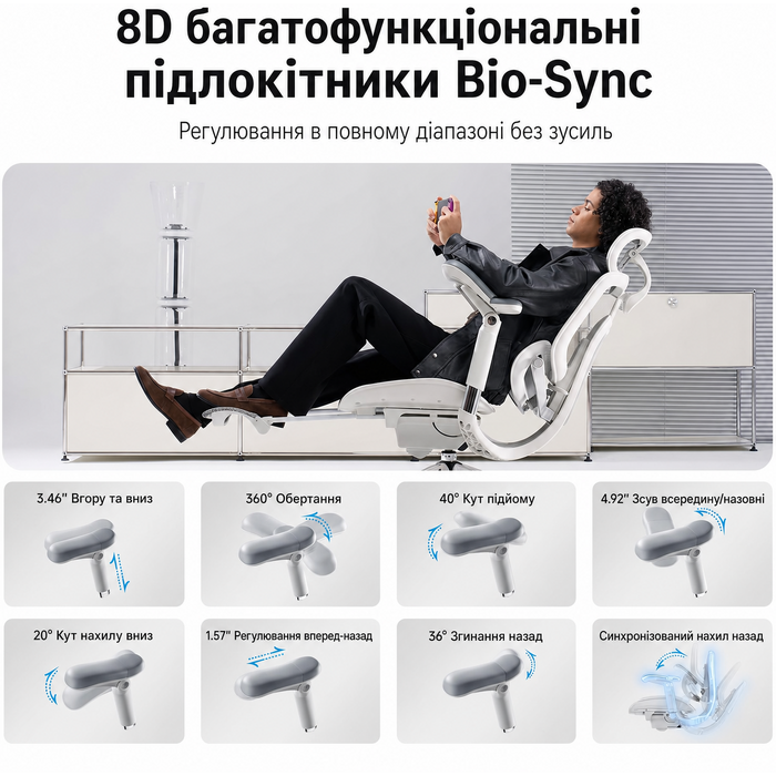 Офісний стілець SIHOO Doro C300 V2 Pro: ергономічний, з дихаючою сіткою, регульованими підлокітниками 8D, підтримкою попереку та голови, регулюванням глибини сидіння та нахилу - білий