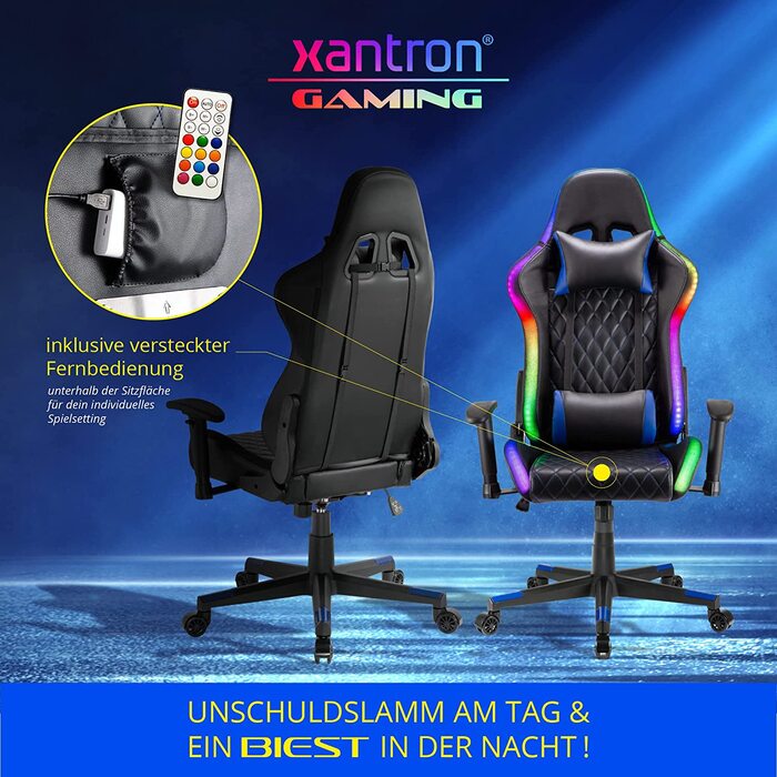 Ігровий крісло Xantron® з RGB підсвічуванням, чорний, PVC шкіра, до 150 кг, регульоване газовою пружиною