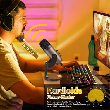 Zealsound USB мікрофон K66 Gold для ПК, смартфонів, PS4/5, конденсаторний, з шумозаглушенням, кнопкою вимкнення та ехоефектом, для ігор, запису, стрімінгу, YouTube, сумісний з Mac та Windows