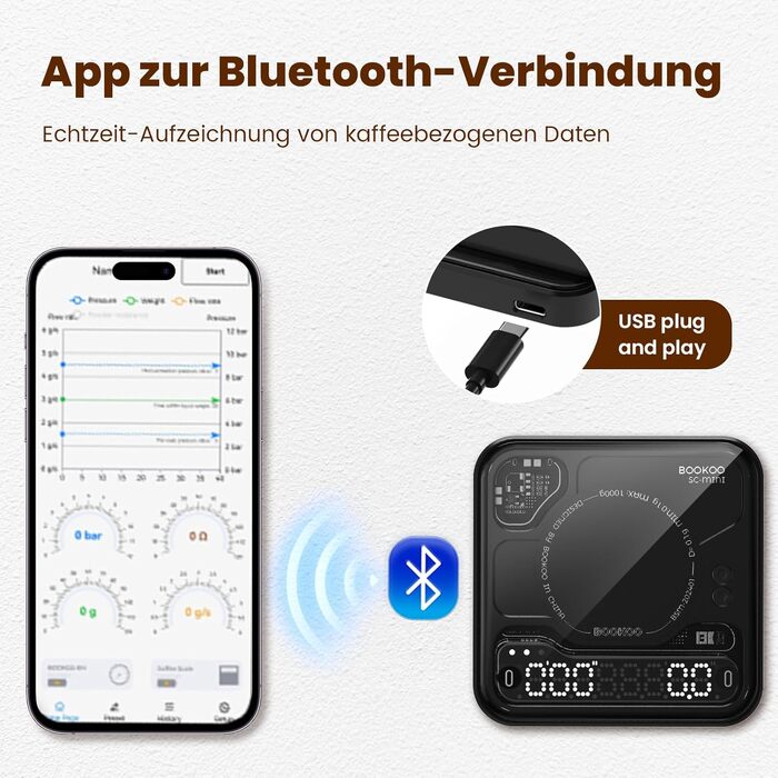 Ваги для кави BOOKOO з таймером, 0.1г, Bluetooth, USB - Еспресо та Pour-Over