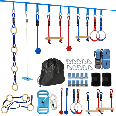 Набір для Slackline Ninja Line Kinder 10м, 9-елементний, з 2 кільцями для гімнастики та 3-в-1 гойдалкою, 2 турніками для дітей 3-8 років, багатокольоровий