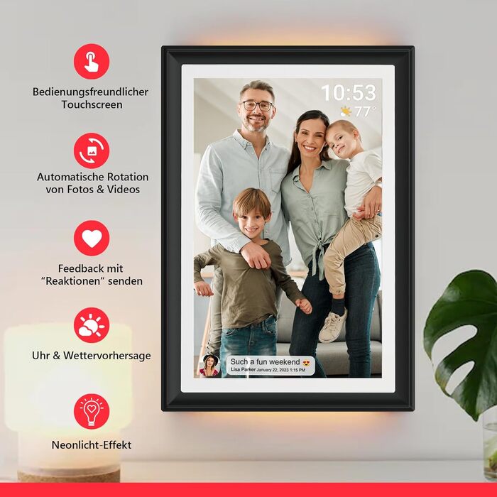 FRAMEO Цифровий фоторамка 15.6 дюймів WiFi, FHD 1920x1080, 32GB, IPS сенсорний екран, автоповорот, кріплення на стіну. Діліться фото та відео через додаток FRAMEO