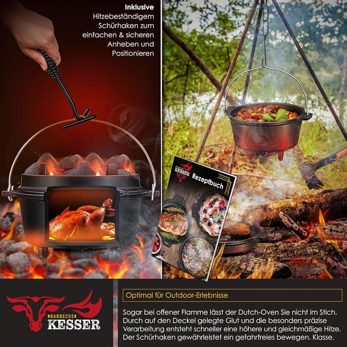 Чавунний казан KESSER Dutch Oven 7,3 л з підставкою з нержавіючої сталі та піднімачем кришки, універсальний котел для гриля, BBQ та приготування страв на відкритому повітрі та вдома