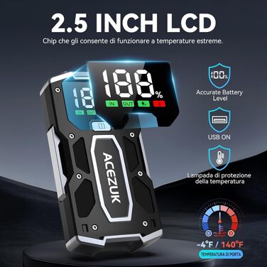 Бустер автомобільного акумулятора ACEZUK 4000A 12V — Пусковий пристрій (Jump Starter) для авто, SUV, мотоциклів та газонокосарок (до 7.0L бензин / 5.5L дизель) з LED-ліхтарем та цифровим дисплеєм