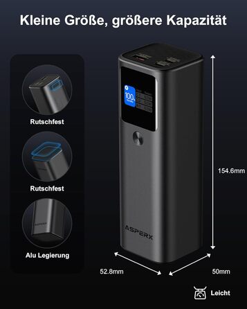 Power Bank AsperX 20000mAh, 165W, 2x USB-C 100W, Алюмінієвий Корпус, Вбудований Кабель 60см, TFT-Дисплей, для iPhone, MacBook, Samsung