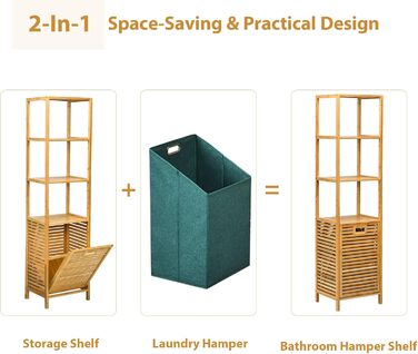 Висока шафа для ванної LIFEZEAL з бамбука, з кошиком для білизни, 3 відкриті полиці, 160 см, для маленьких ванних кімнат, натуральний колір