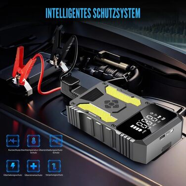 Пусковий інвертор (бустер) для авто з компресором 6000А, портативний Jump Starter Powerbank з LED-ліхтарем та дисплеєм, жовтий