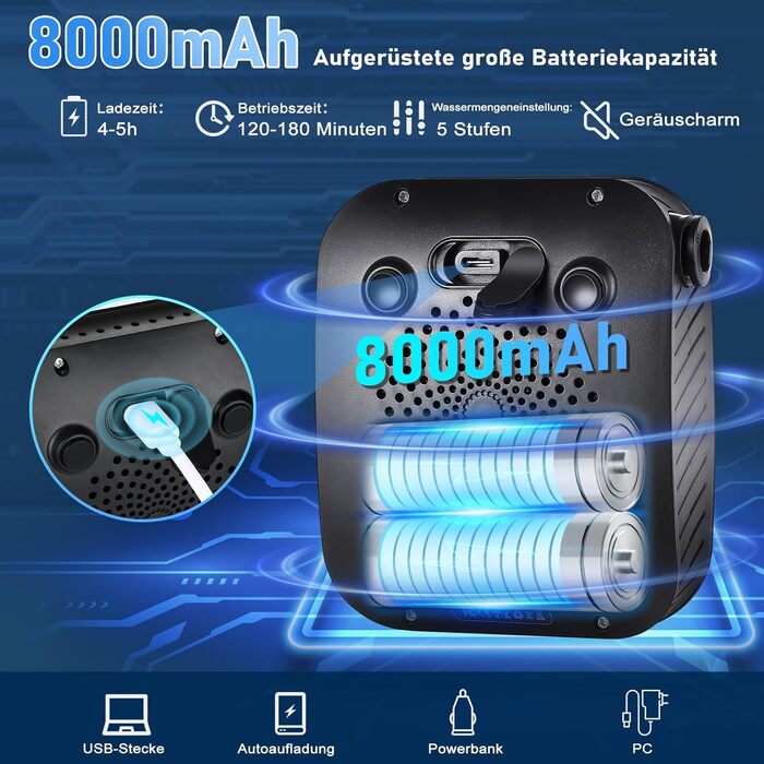 Портативна душова кабіна для кемпінгу Spopal з насосом та індикатором температури, 8000mAh, 2м шланг, для кемпінгу, відпочинку, автомийки, пляжу, чорного кольору