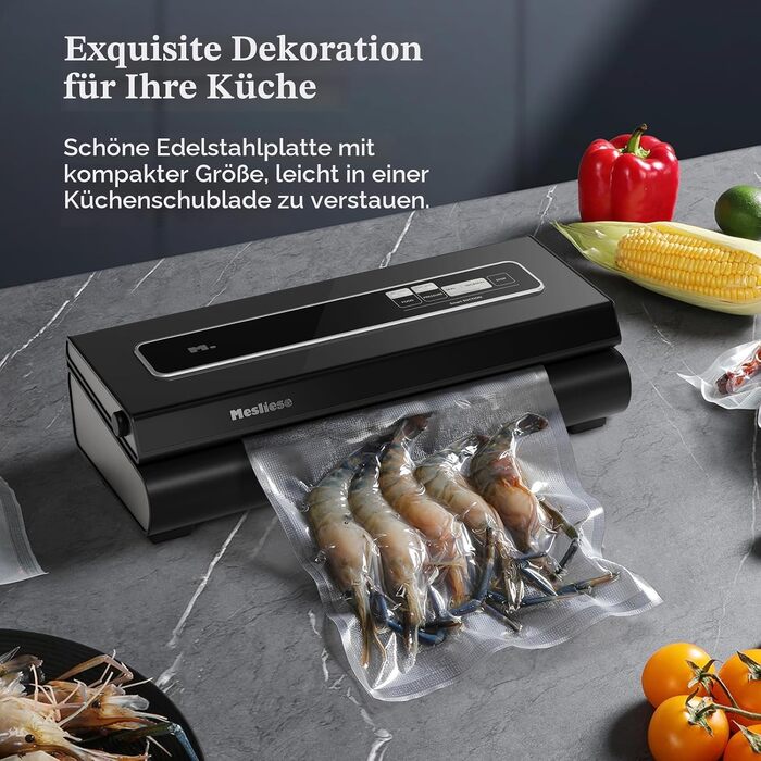 Вакууматор для продуктів Mesliese 90kPa, компактна вакуумна машина з режимами «сухий/вологий», зовнішнім відсосом та сталевою панеллю, сірий (комплект: 2 рулони та 5 пакетів)