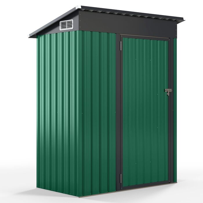 Металевий садовий будиночок COSTWAY 150x90,5x185 см, 1,5 м³, з похилим дахом та дверима, замиканий, зелений