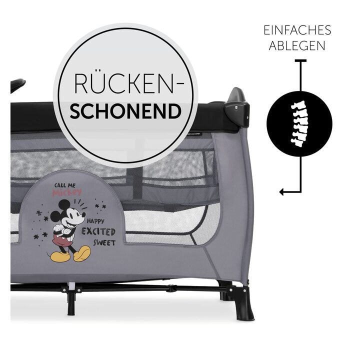 Дитяче дорожнє ліжечко Hauck Sleep N Play Center Disney Mickey Mouse Grey з люлькою для новонароджених, пеленальним столиком, сумкою для транспортування, колесами, боковим входом, компактно складається, для дітей від народження до 15 кг