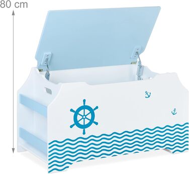 Іграшкова скриня Relaxdays Seemann з кришкою, 46x84x42,5 см, біло-синя, з відділенням для книг, ігрова коробка для зберігання іграшок