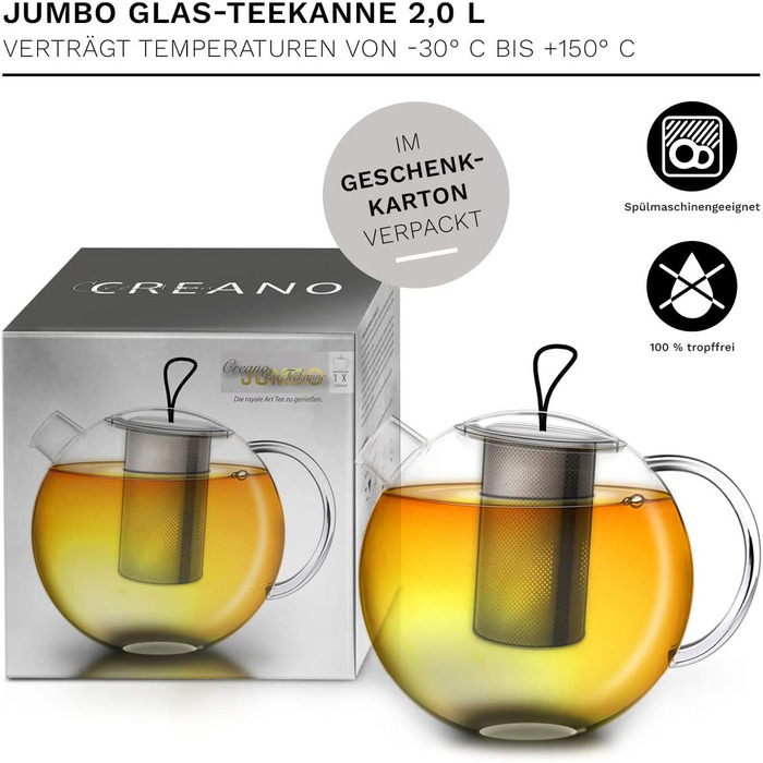 Чайник зі скла Creano 2,0 л Jumbo з металевою підставкою, 3-в-1: скляний чайник із вбудованим ситом з нержавіючої сталі та скляною кришкою, ідеальний для заварювання розсипного чаю, не протікає, 2000 мл