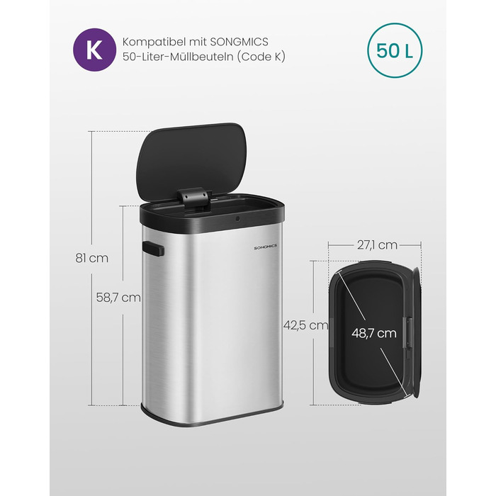 SONGMICS Відро для сміття з сенсором, автоматичне, 50 л, відкриття рухом руки або дотиком, Softclose-кришка, сталь, з 15 мішками для сміття, LTB640B02 (металік срібло + чорний)
