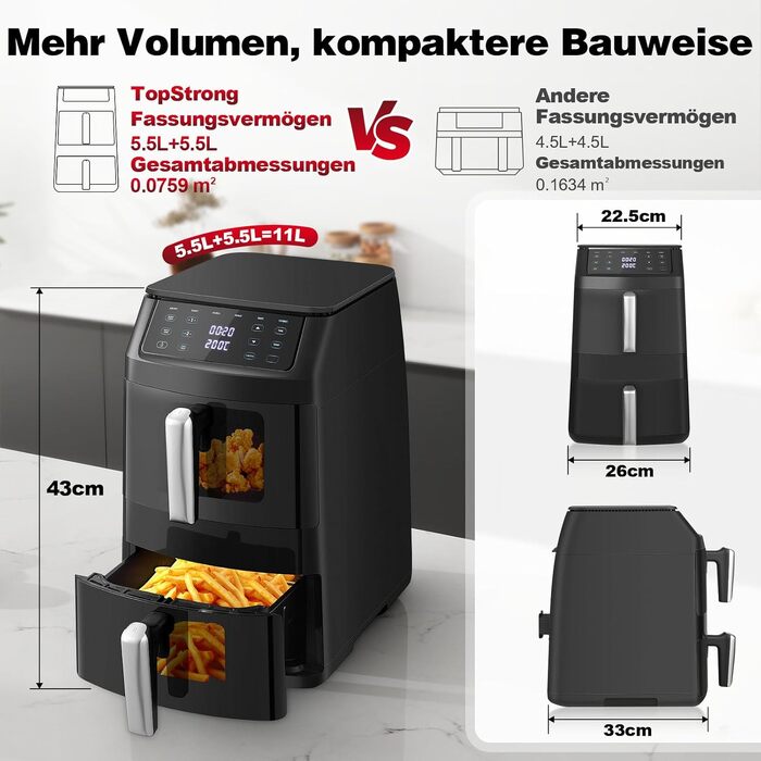 Вертикальна аерофритюрниця TopStrong з двома камерами 11л, 2500W, з вікном перегляду та 6 функціями приготування, чорна