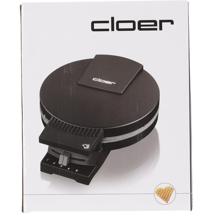 Електрична вафельниця Cloer 180 Вт, 930 Вт, для серцевидних вафель 16 см, метал, чорна, важкі антипригарні пластини, світловий і звуковий сигнал про готовність