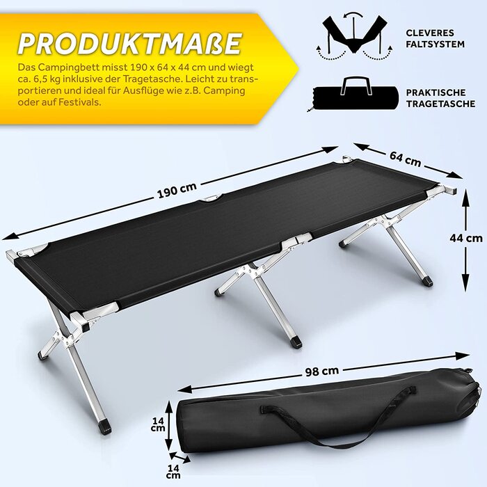 Розкладне польове ліжко TRESKO XXL 190x64x44 см, метал, навантаження до 150 кг, чорне, для кемпінгу