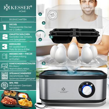Електрична яйцеварка KESSER для 1-8 яєць з нержавіючої сталі, 500 Вт, з функцією підтримки тепла, три режими приготування, BPA-free, підходить для посудомийки, з мірним стаканом, підставкою для яєць і чашею для омлету, сріблясто-чорна