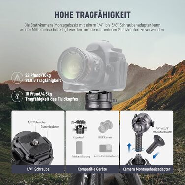 Карбоновий штатив для камери NEEWER LITETRIP LT32 158 см з рівнем, поворотною головкою, знімною центральною віссю, Arca QR-платою, сумісний з Peak Design Capture V3