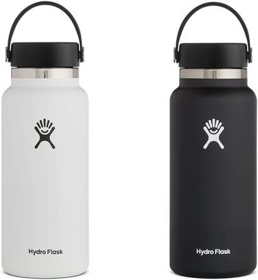 Термобутилка Hydro Flask з нержавіючої сталі, вакуумна ізоляція, велика шийка, герметична кришка Flex Cap, 946 мл, біла і чорна
