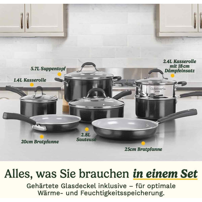 Набір посуду Cuisinart Ceramica XT 11 предметів: каструлі, сковороди, сотейник, пароварка, антипригарне керамічне покриття з титановим зміцненням, без PTFE, PFOA та PFAS, чорний