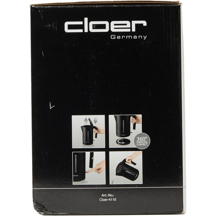 Електрочайник Cloer 4110, 2200 Вт, 1.7 л, чорний, з великим індикатором рівня води, фільтром від накипу, захистом від перегріву та увімкнення без води
