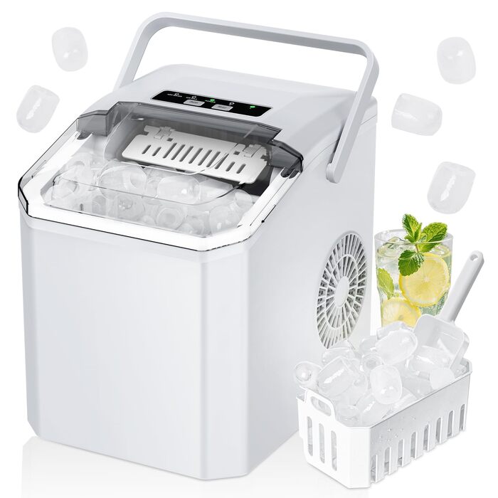 Льодогенератор Ice Cube Maker 12 кг/24 год, білий - швидке виробництво льоду (6-8 хв), 2 розміри кубиків льоду, самоочищення для дому, офісу, бару
