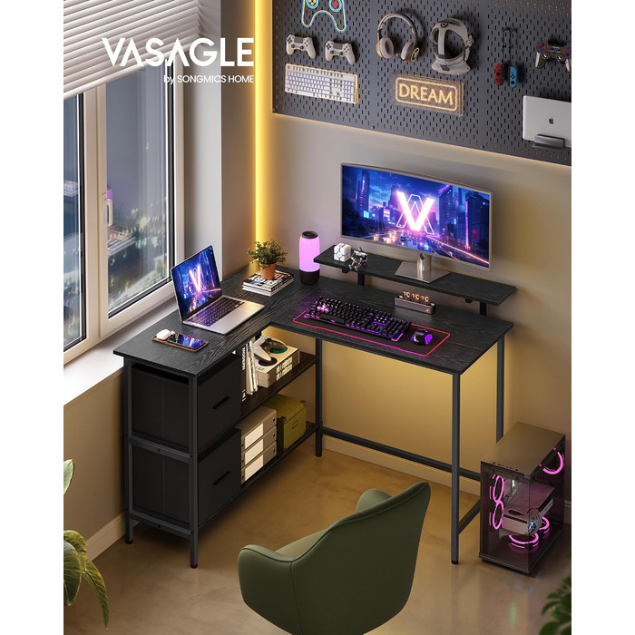Кутовий письмовий стіл VASAGLE L-подібний для офісу та дому, з 2 шухлядами, підставкою для монітора та регульованою полицею, чорний ебенового дерева (115 x 105 см), LWD097W01