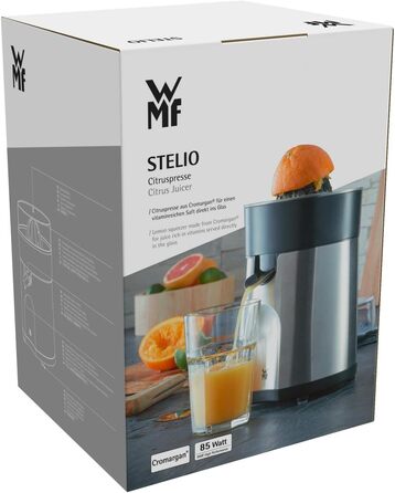 Електрична соковижималка WMF Stelio для цитрусових та апельсинів, нержавіюча сталь, 85 Вт, 2 конуси, система Stop-Drip