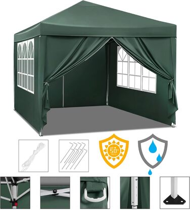 Павільйон WOLTU Pop-Up 3x3 м, водонепроникний, складний, із боковинами, для саду, тераси, кемпінгу, фестивалів, оксфордська тканина, металевий каркас, зелений