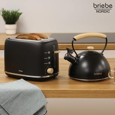 Тостер Briebe Nordic на 2 тости з широкими слотами та підставкою для булочок, 6 рівнів підсмажування + Електричний чайник індукційний 2.3л, нержавіюча сталь, BPA-free, Набір для сніданку в скандинавському стилі (Чорний)
