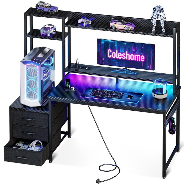 Ігровий стіл Coleshome з LED підсвіткою, полицею, висувними ящиками та розеткою 137x48 см (Чорний карбон)